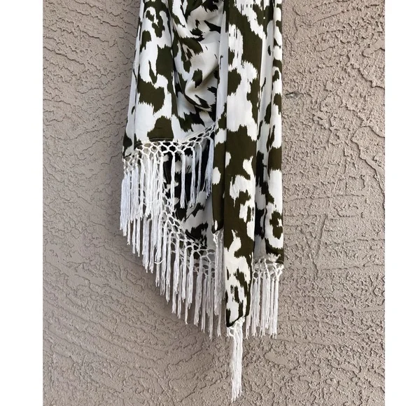 ANTHROPOLOGIE Olive Green & White Satin Fringe Cover Up Halter Dress - Picture 5 of 15